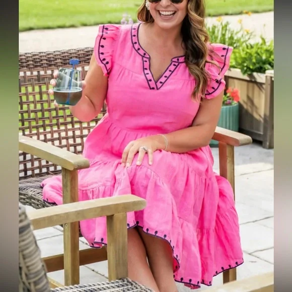 Navy Bleu Eloise Pink Embroidered Linen Flutter Sleeve Dress Size Large - Picture 1 of 14